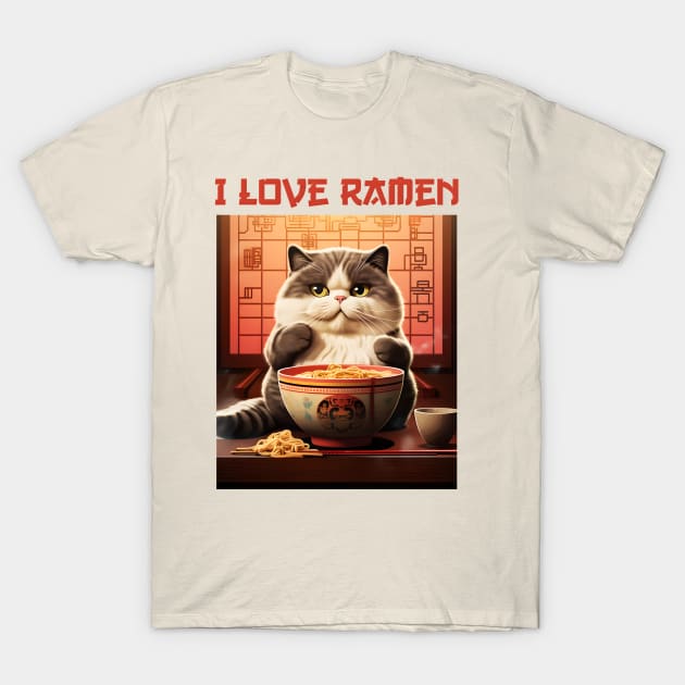 Quirky Chubby Kitty Cat Eating Ramen - I Love Ramen T-Shirt by KittyStampedeCo